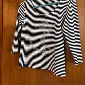 Chicos Striped Anchor Embellished Top Size 2 Medium